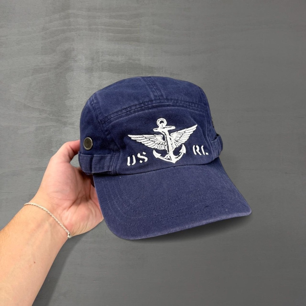 RARE Polo Ralph Lauren Vintage Military Camp Hat Navy Blue Anchor Wings OSFA